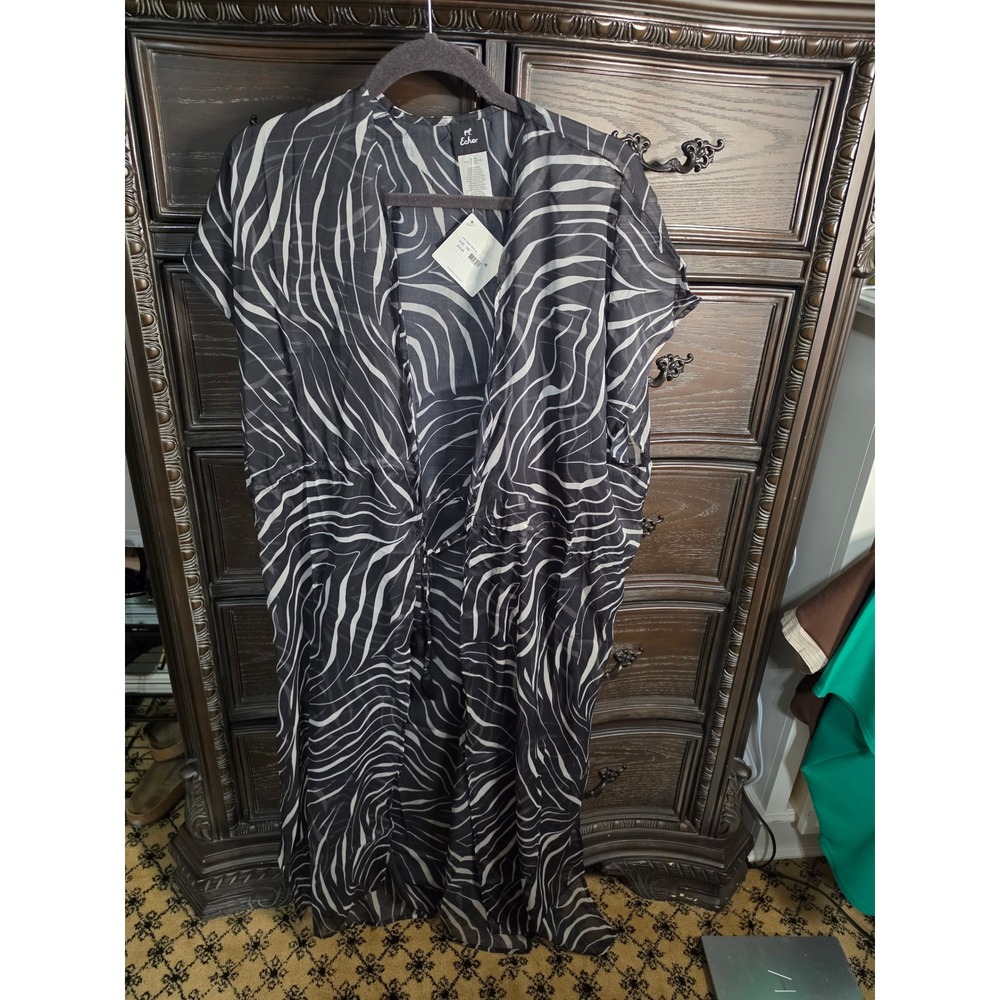 Echo New York Zebra Print Swim Cover Up Kaftan Black White Tassel OS EB0223 NWT